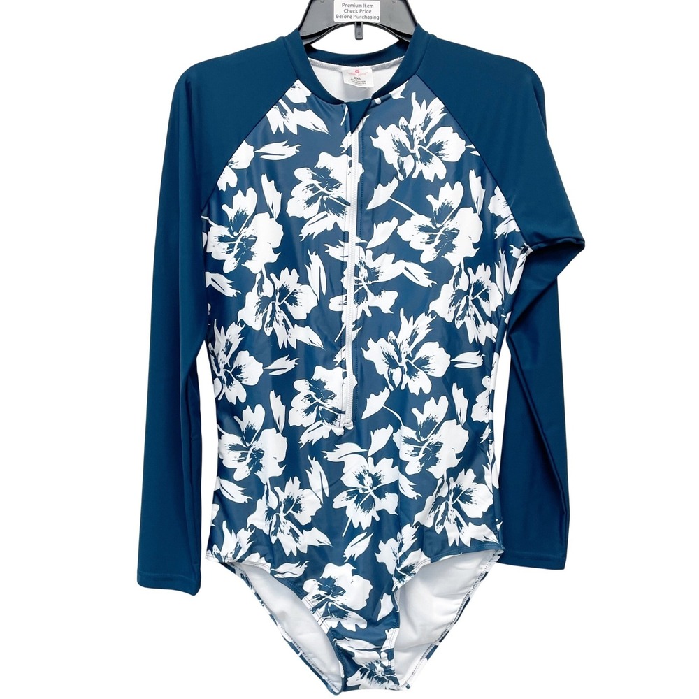 Berry Jane Women's Blue Hibiscus One Piece UPF 50 Rash Guard Swimsuit Size 2XL